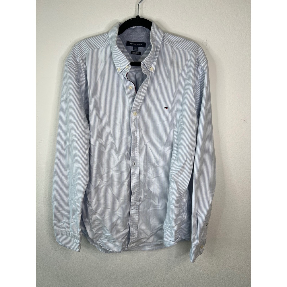 Tommy Hilfiger Mens Button Down Shirt Custom Fit Striped Blue White XL